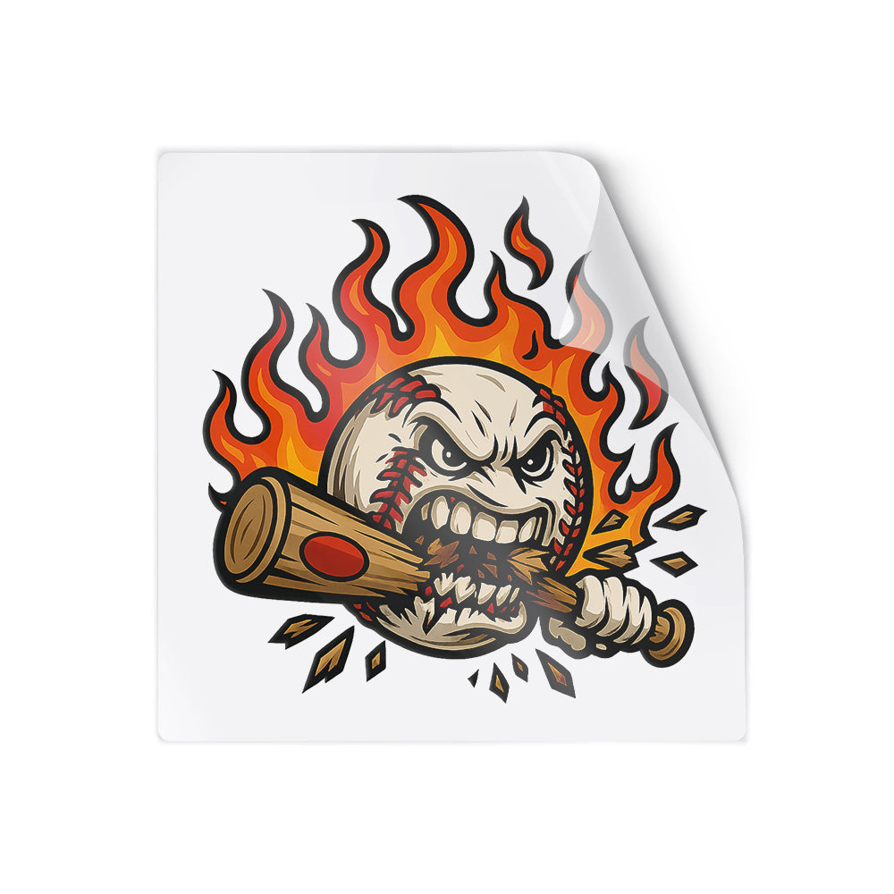 Flaming Angry Baseball Face Sticker – Aggressive Bat Bite Teeth Expression Decal Sticker