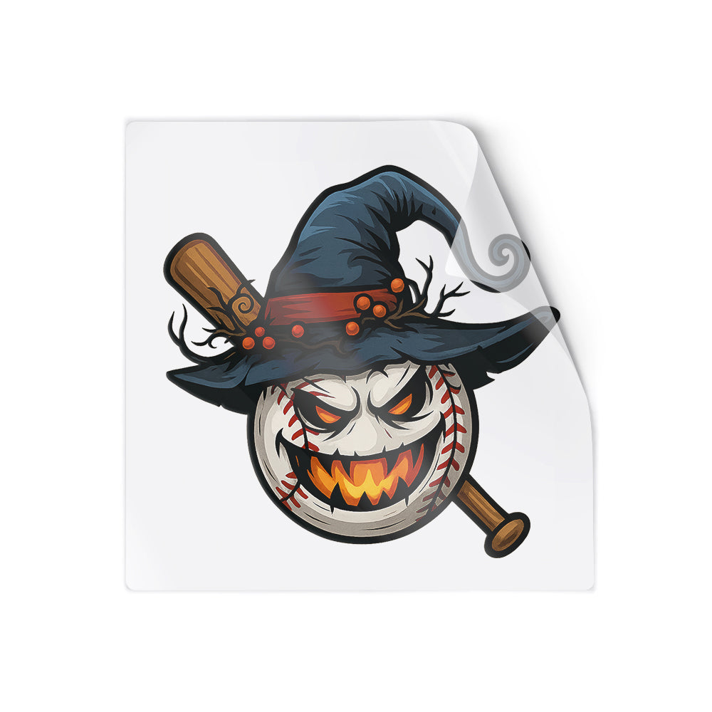 Halloween Baseball Sticker – Scary Pumpkin Face with Witch Hat & Bat, Waterproof Sports Decal for Car, Laptop & Helmet