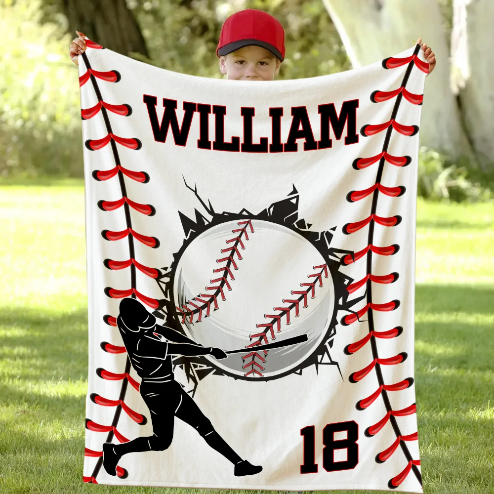 Personalized Baseball Throw Blanket Custom Name and Number Fleece Blanket