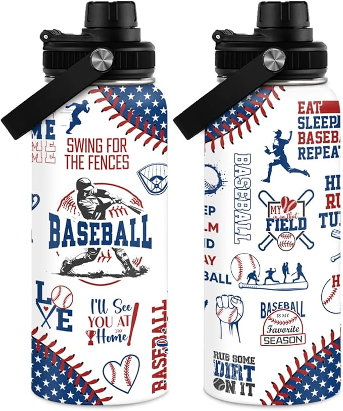 32oz Stainless Steel Insulated Sports Bottle with Lid – Gift for Baseball Lover, Player, Fan, Coach, Baseball Water Bottle