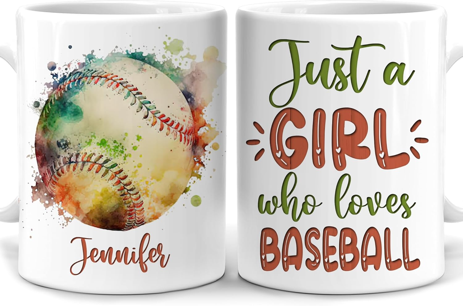Personalized Baseball Gifts – Just A Girl Who Loves Baseball Custom Name Ceramic Coffee Cup 11oz, Sport Lover Gifts for Women, Girls, Daughter, Coach on Birthday, Christmas Mug