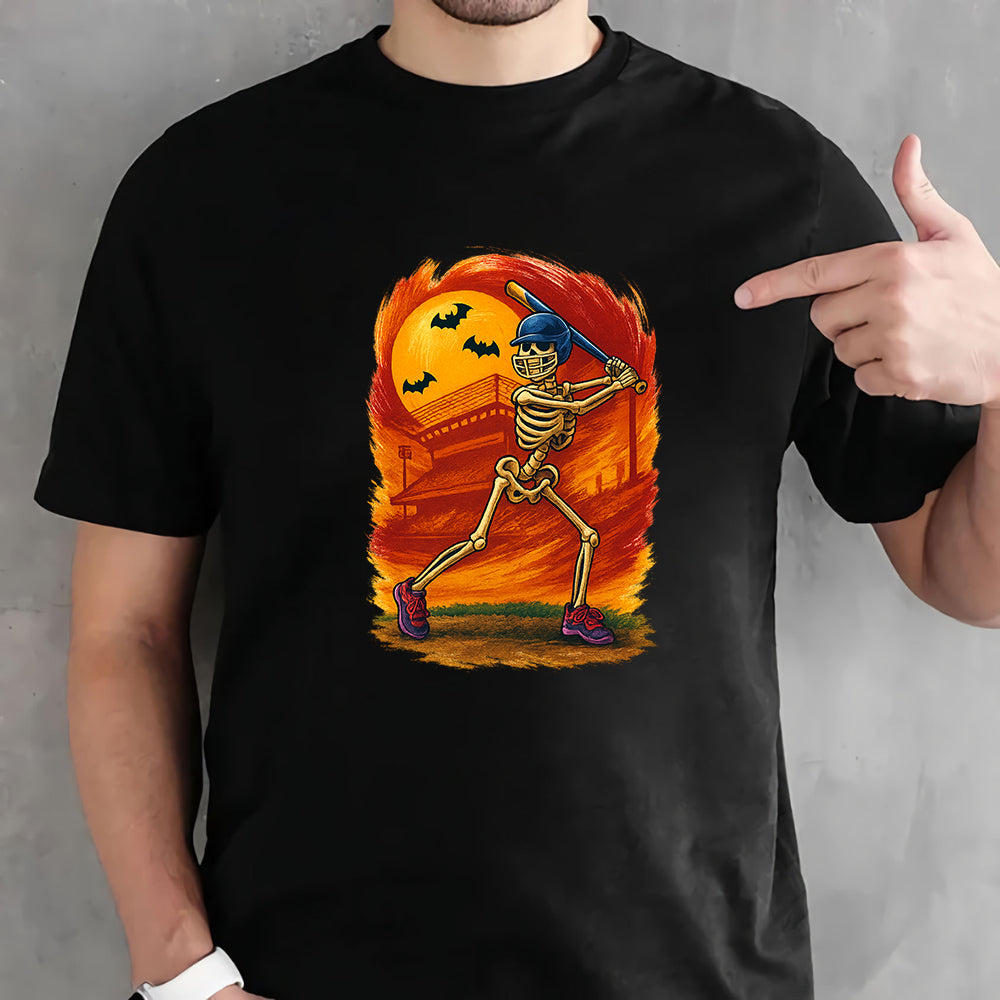 Halloween Skeleton Baseball Graphic Tee Spooky Sports Design T-Shirt