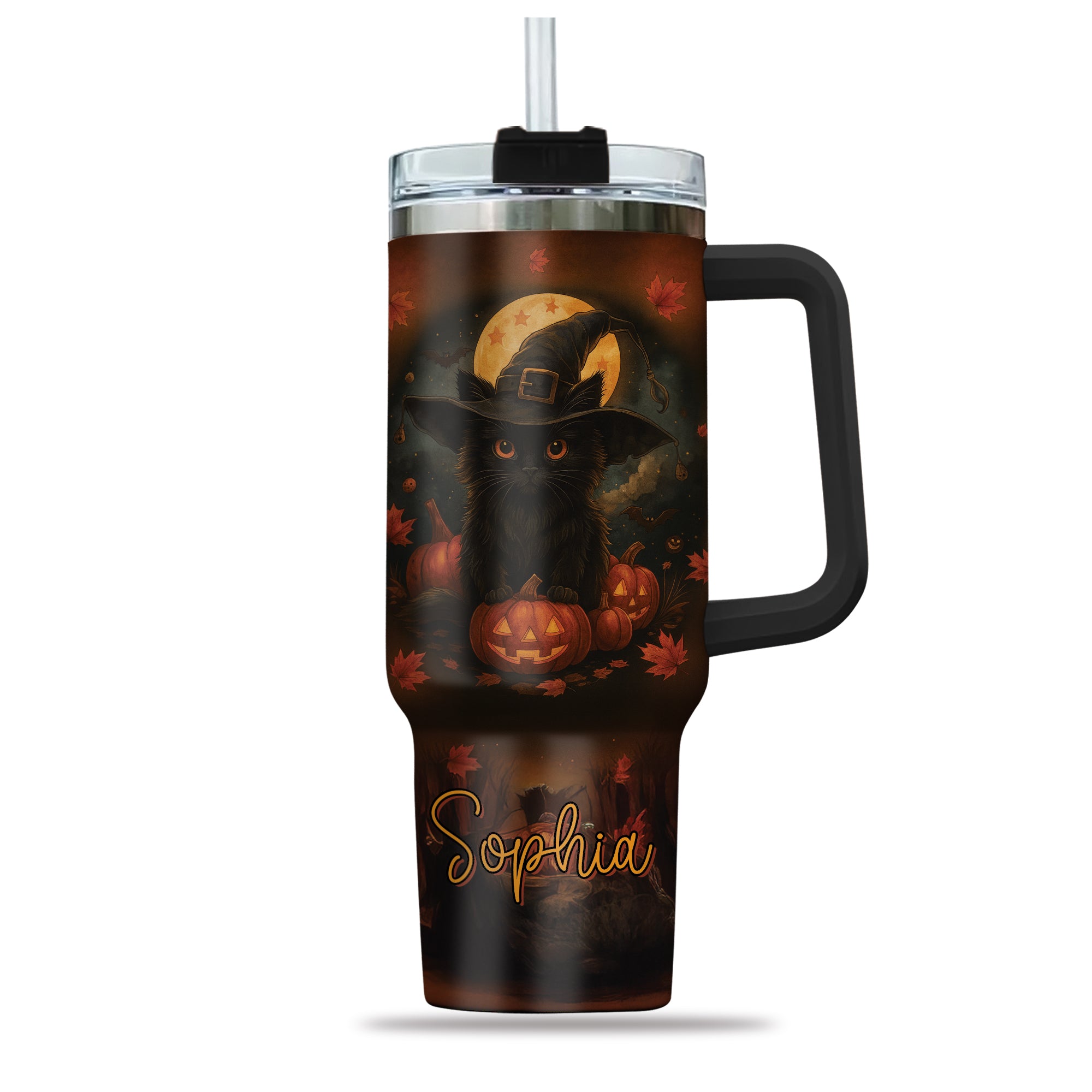 Personalized Halloween Black Cat Gift – Custom 40oz Travel Coffee Cup with Lid & Straw – Spooky Season Cat Lover Gift for Women – Meoky Halloween Tumbler 4