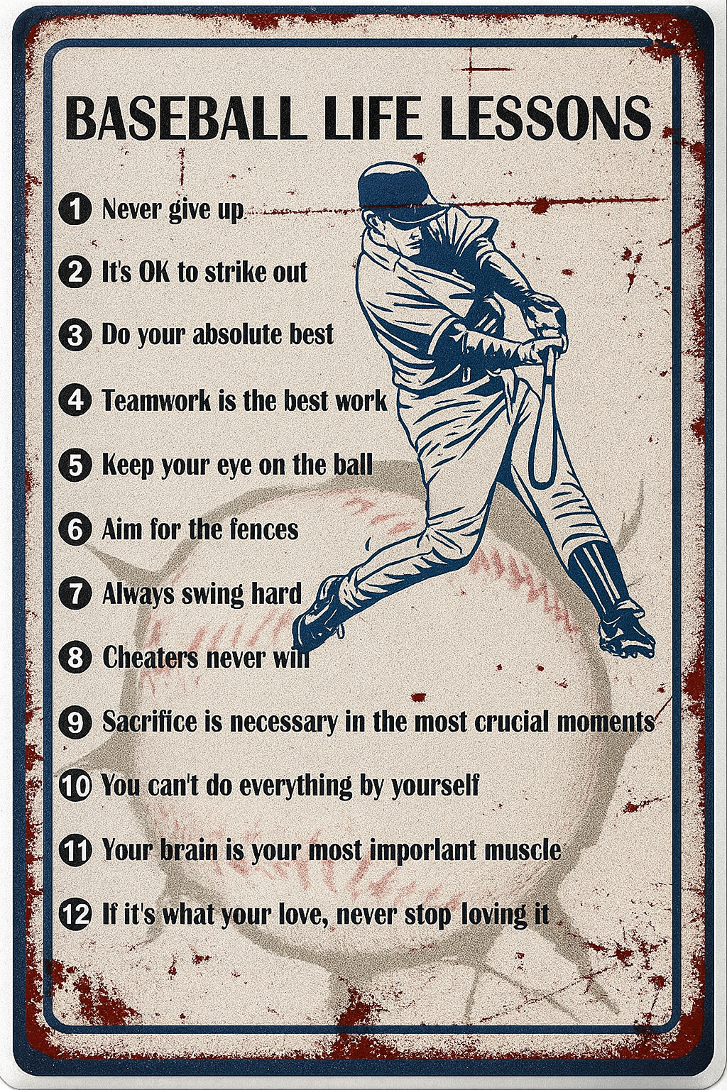 Baseball Life Lessons Never Give Up Wall Art Decor for Boys Room, Senior Night Gifts, Baseball Metal Sign 8