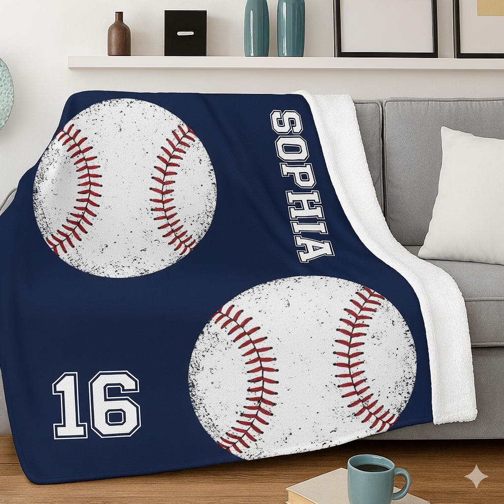 Personalized Baseball Blanket Custom Name Number Soft Cozy Sherpa Fleece Throw Blanket Baseball Gift for Mom Daughter Girl Kid Team Blanket