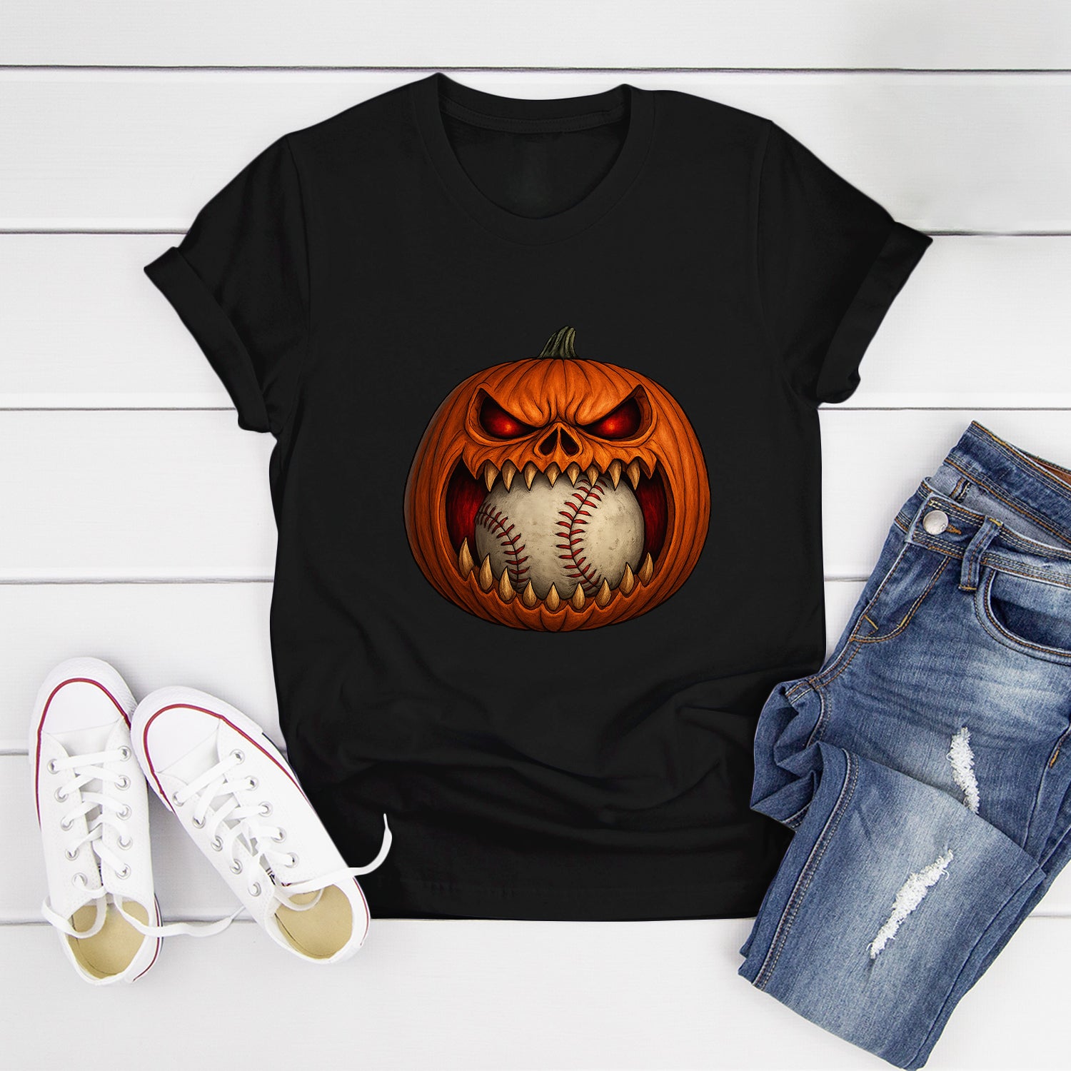 Scary Pumpkin Baseball Face Shirt, Baseball Halloween Costume Tee, Spooky Pumpkin Baseball Outfit, Funny Halloween Party Gift T-Shirt 6