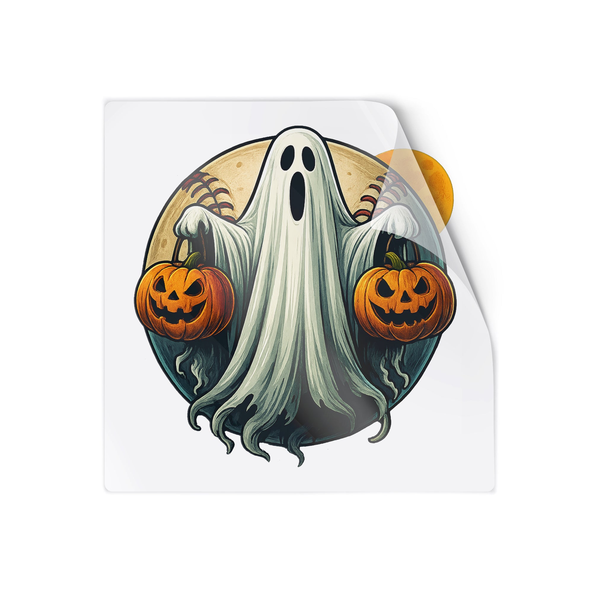 Spooky Halloween Ghost Holding Pumpkins – Creepy Baseball Full Moon Design, Haunted Night Horror Spirit Vinyl Sticker