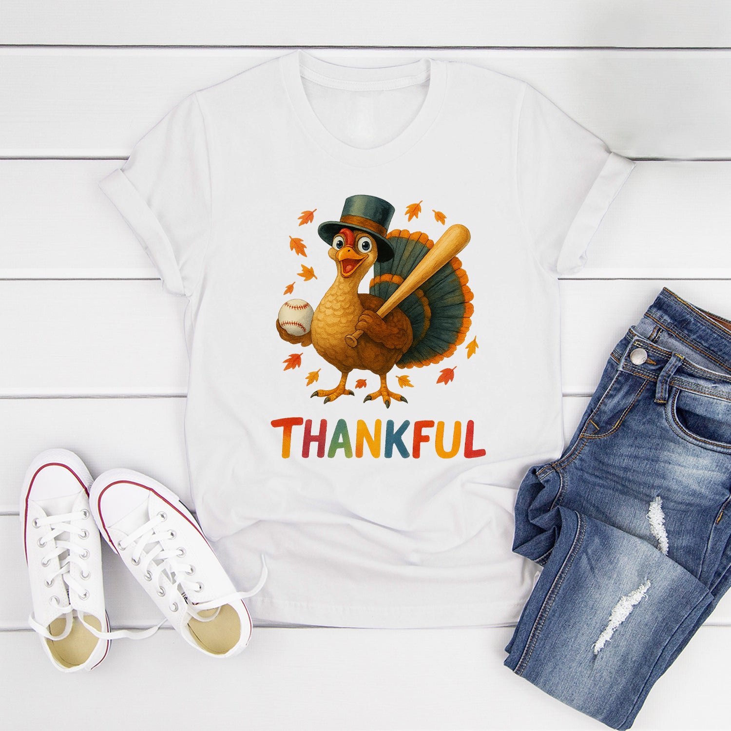 Thanksgiving Turkey Baseball T-Shirt – Funny Thankful Fall Sports Fan Gift T-Shirt 7