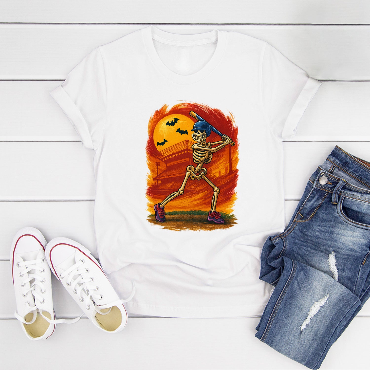 Halloween Skeleton Baseball Graphic Tee Spooky Sports Design T-Shirt 8