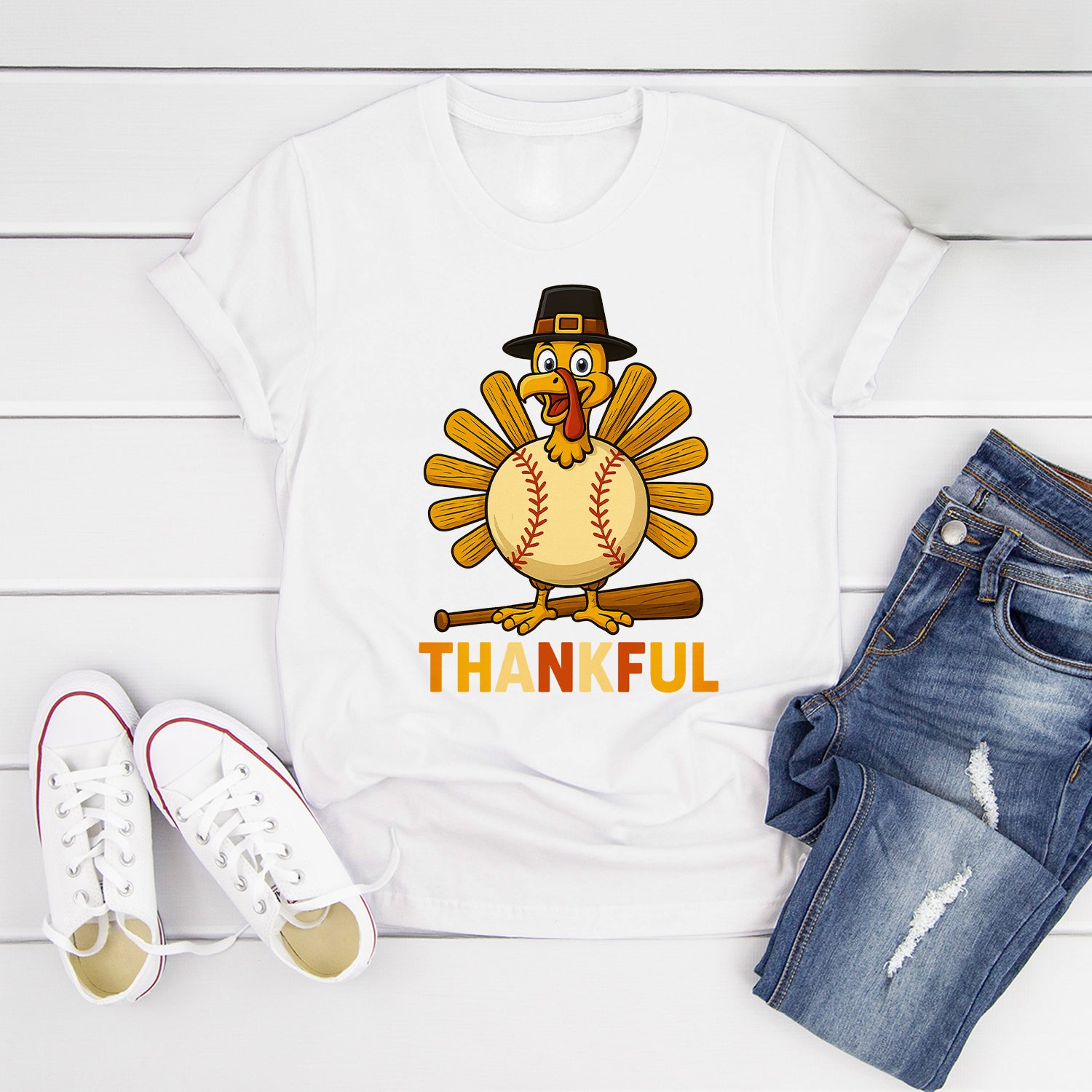 Thanksgiving Turkey Baseball T-Shirt – Funny Thankful Fall Sports Fan Gift T-Shirt 6
