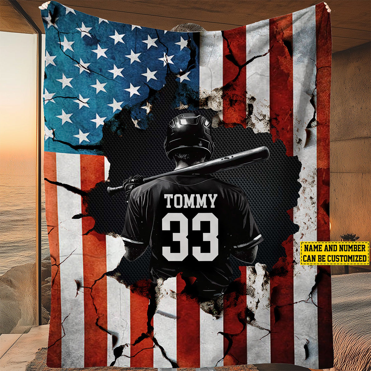 Personalized Baseball Boy American Flag Gift for Baseball Lovers Fleece Blanket - BL03