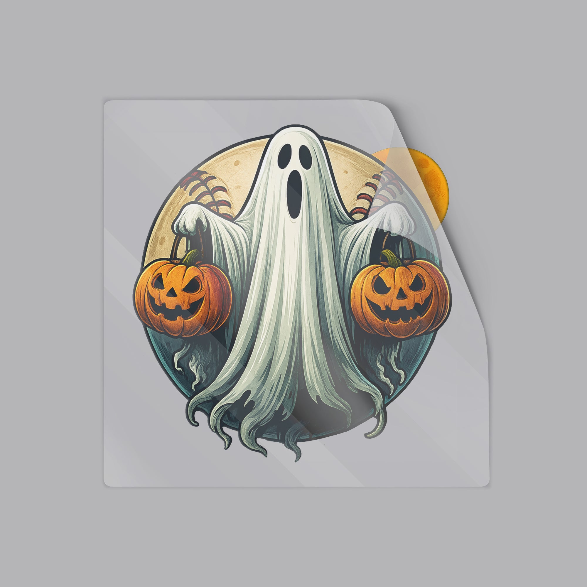 Spooky Halloween Ghost Holding Pumpkins – Creepy Baseball Full Moon Design, Haunted Night Horror Spirit Vinyl Sticker 6