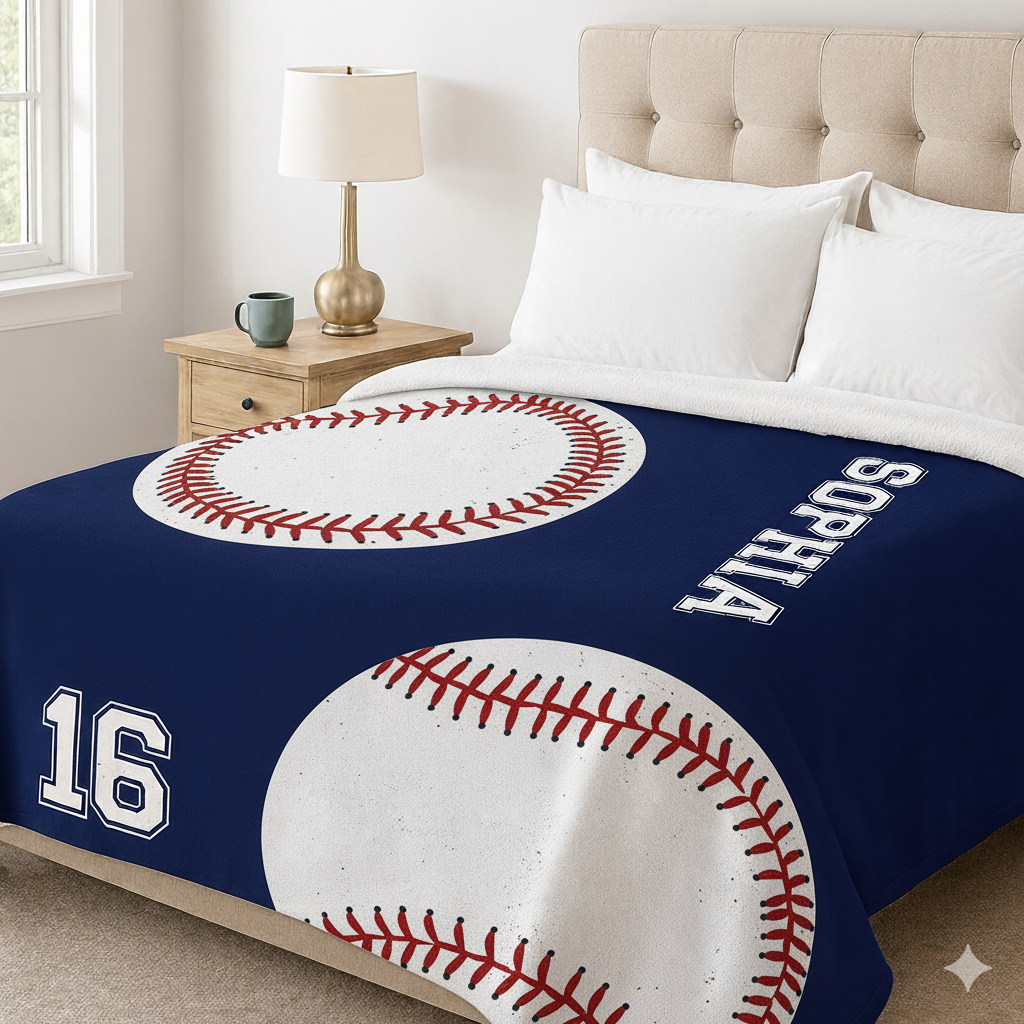 Personalized Baseball Blanket Custom Name Number Soft Cozy Sherpa Fleece Throw Blanket Baseball Gift for Mom Daughter Girl Kid Team Blanket 3