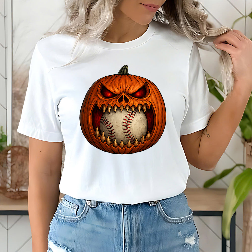 Scary Pumpkin Baseball Face Shirt, Baseball Halloween Costume Tee, Spooky Pumpkin Baseball Outfit, Funny Halloween Party Gift T-Shirt 5