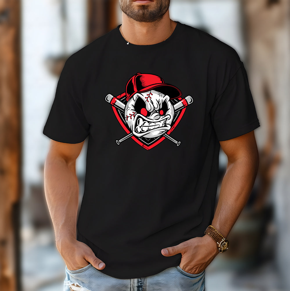 Cool Baseball Graphic Tee – Aggressive Ball Face with Red Hat T-Shirt 6