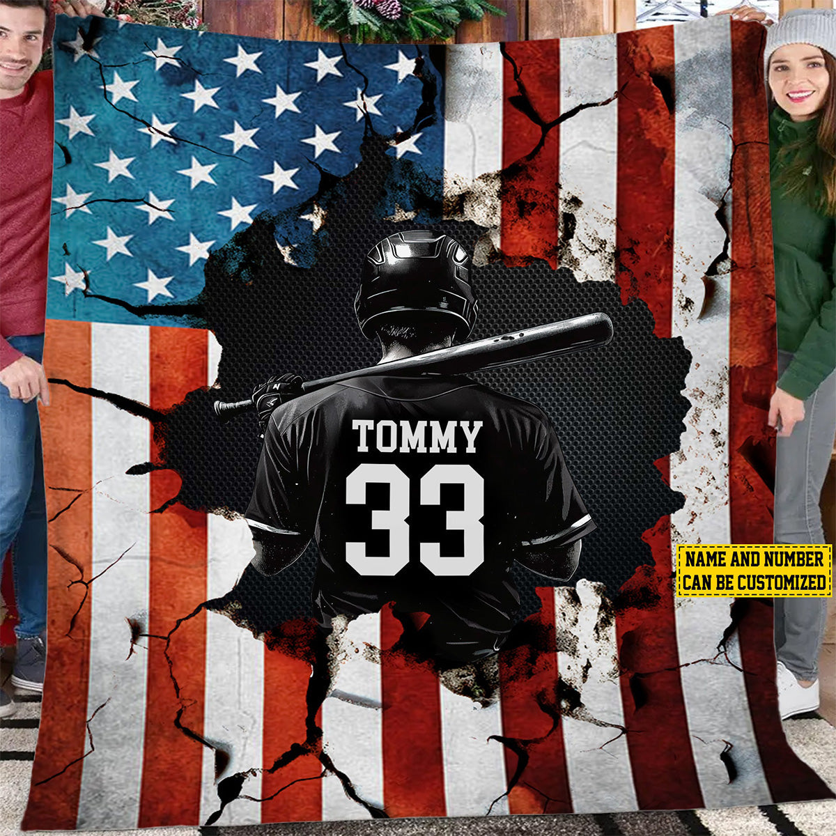 Personalized Baseball Boy American Flag Gift for Baseball Lovers Fleece Blanket - BL03 4