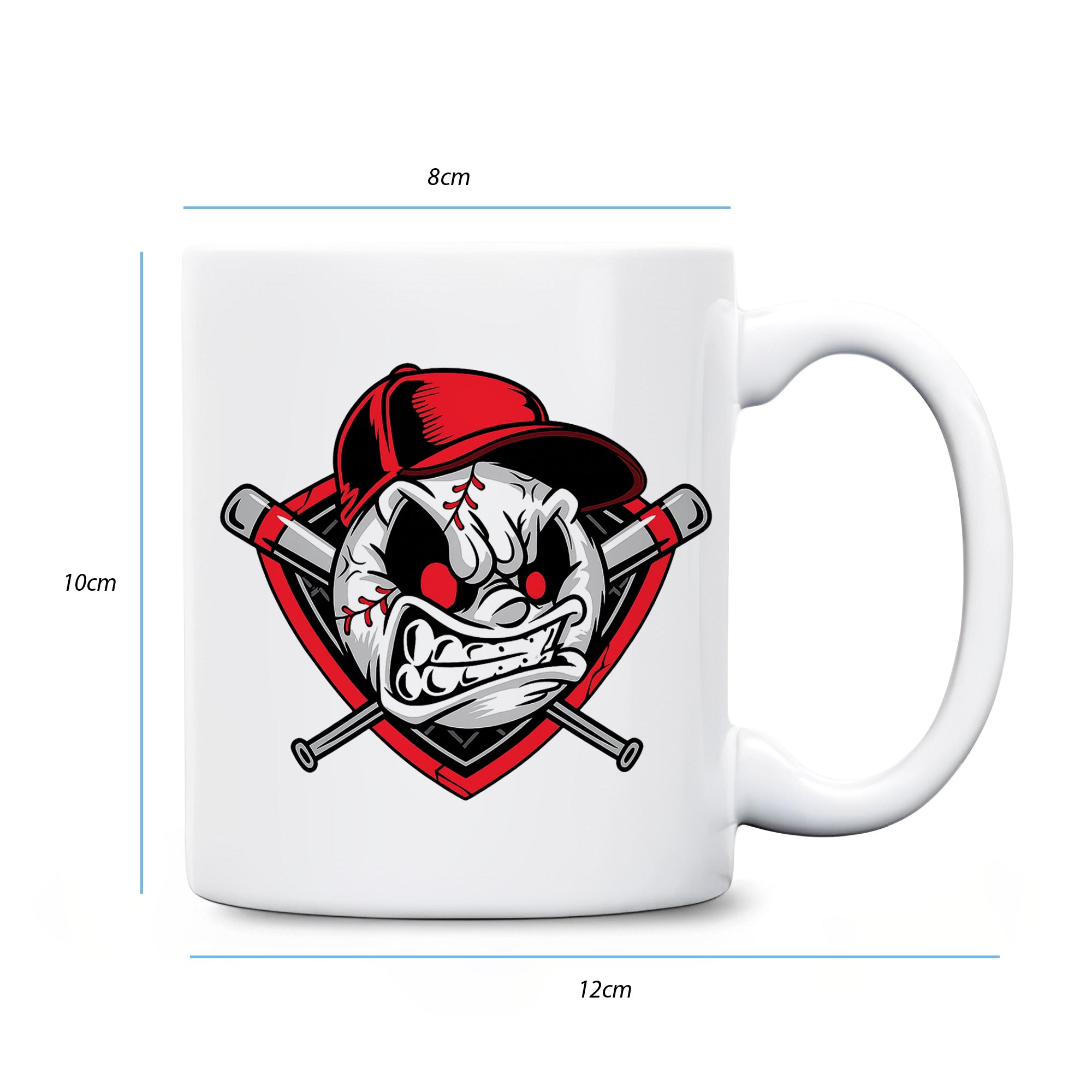 Scary Angry Baseball Face with Red Cap – Fierce Sports Ball Cartoon Logo Design Ceramic Coffee Mug 4