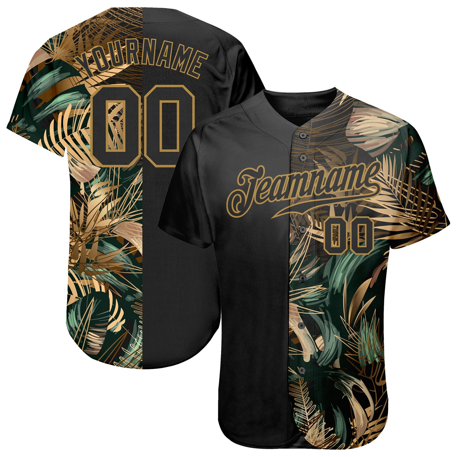 Custom 3D Pattern Design Golden And Green Tropical Leaves In The Style Of Jungle And Hawaii Baseball Jersey