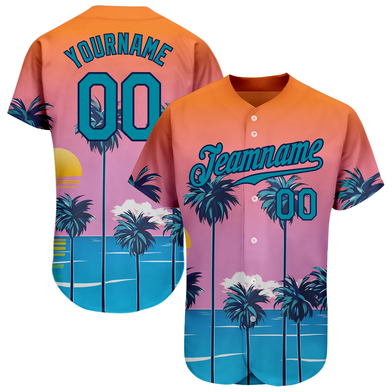 Custom Orange Teal-Navy 3D Pattern Design Sun Beach Hawaii Palm Trees Baseball Jersey