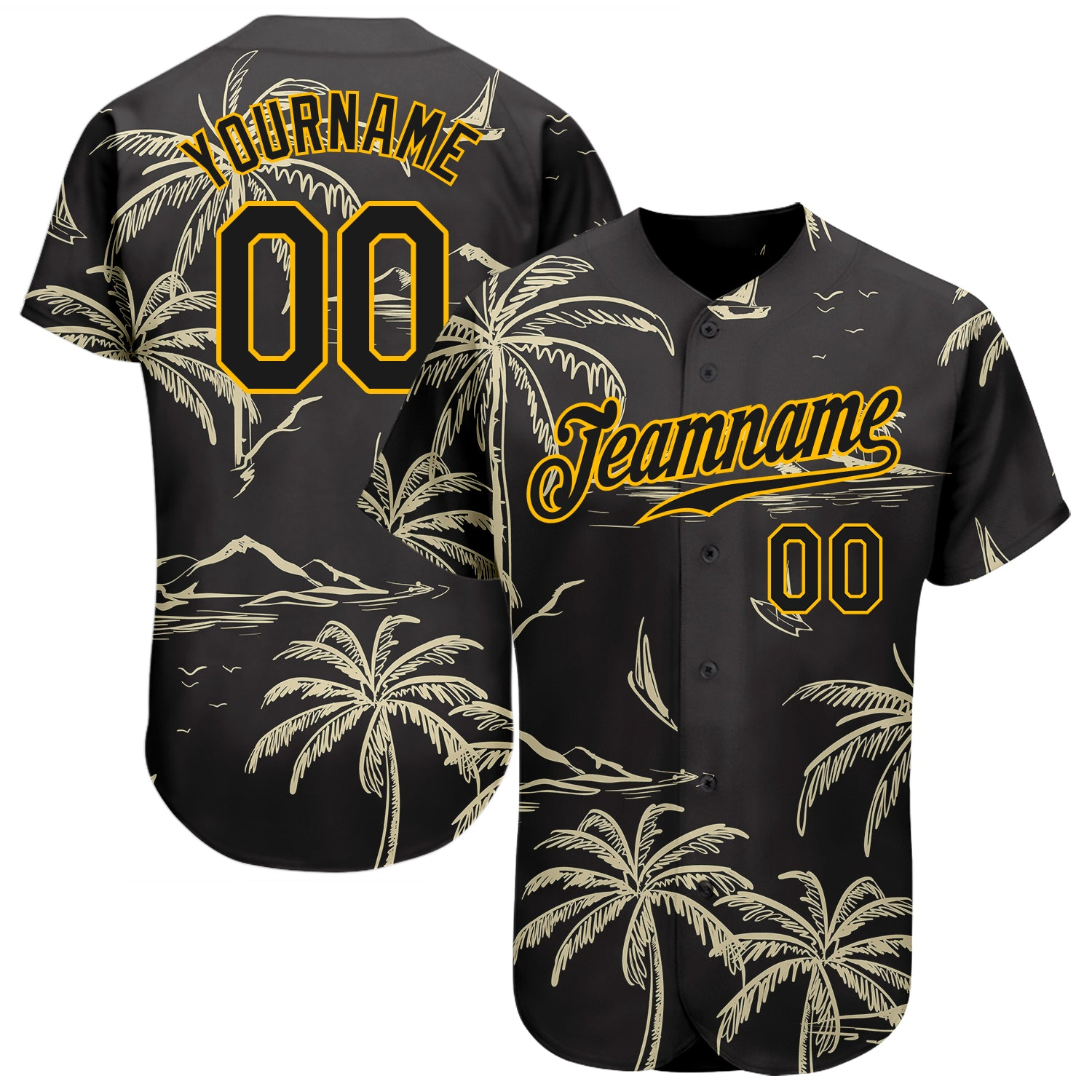 Custom Black Gold 3D Pattern Design Hawaii Palm Trees Island And Sailboat Baseball Jersey