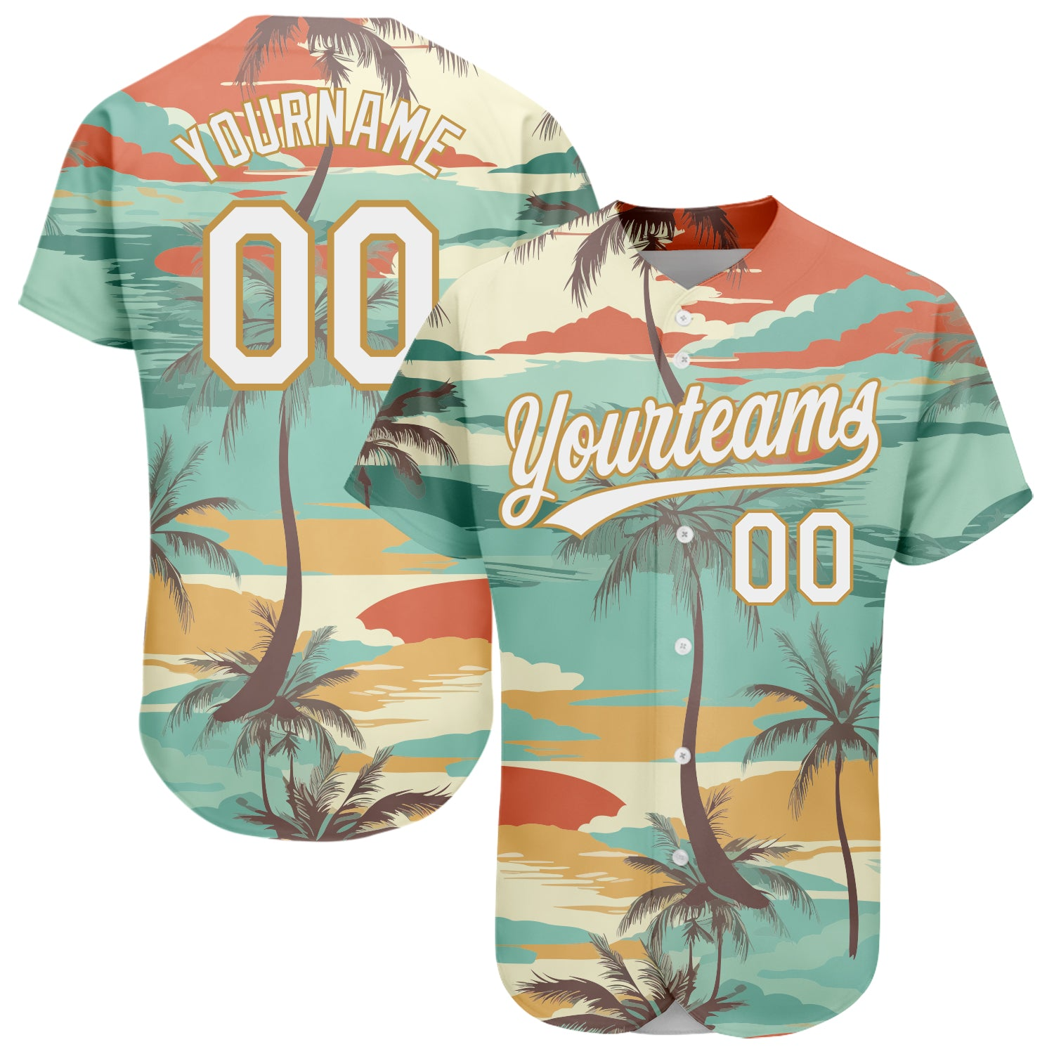 Custom Aqua White-Old Gold 3D Pattern Design Cartoon Hawaii Palm Trees Baseball Jersey