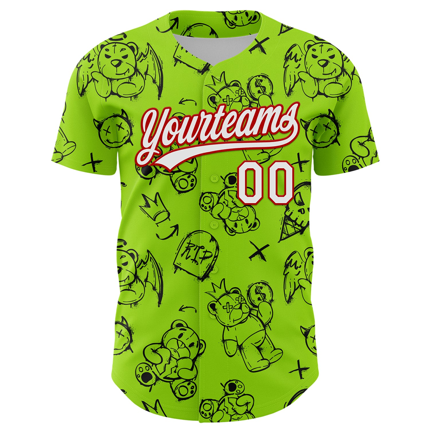 Custom Neon Green White-Red 3D Pattern Halloween Authentic Baseball Jersey - JS68