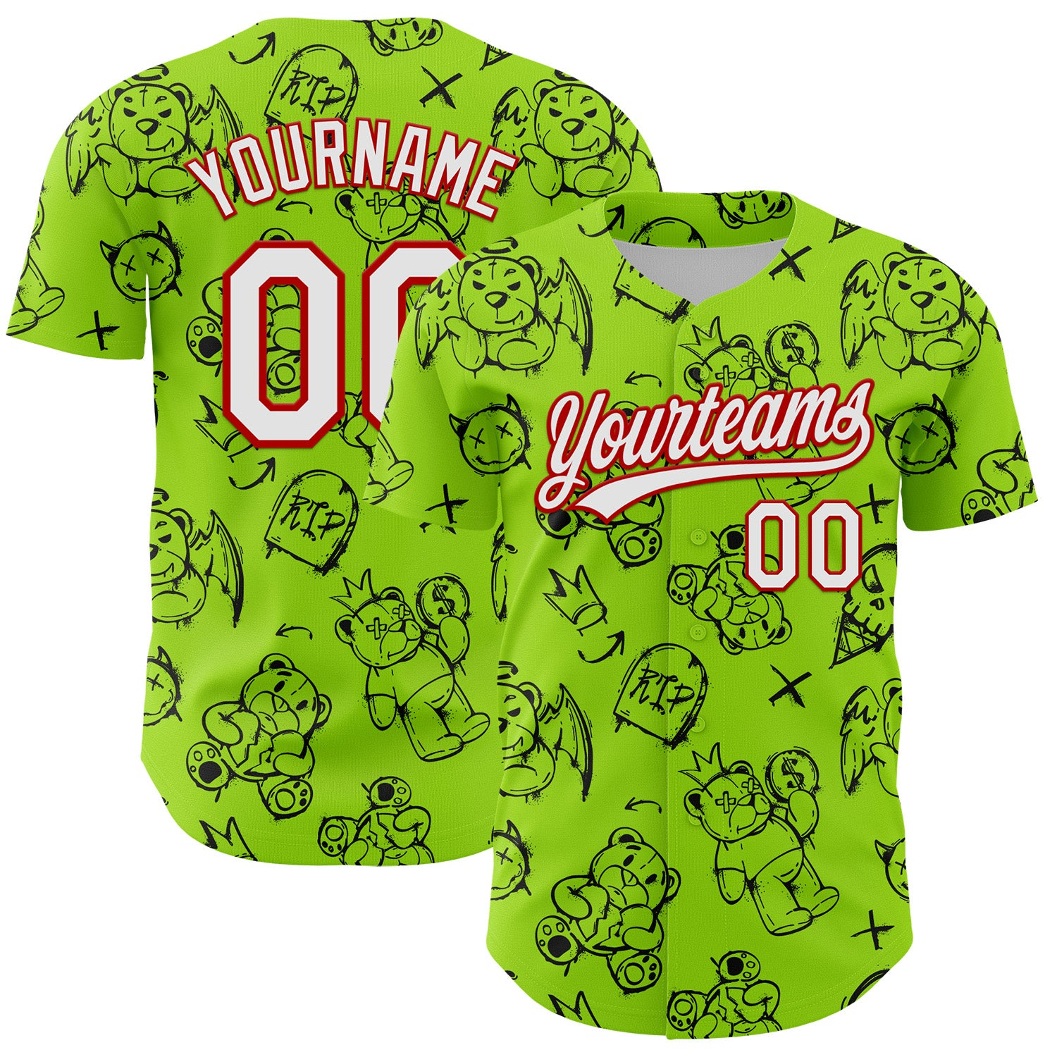 Custom Neon Green White-Red 3D Pattern Halloween Authentic Baseball Jersey - JS68