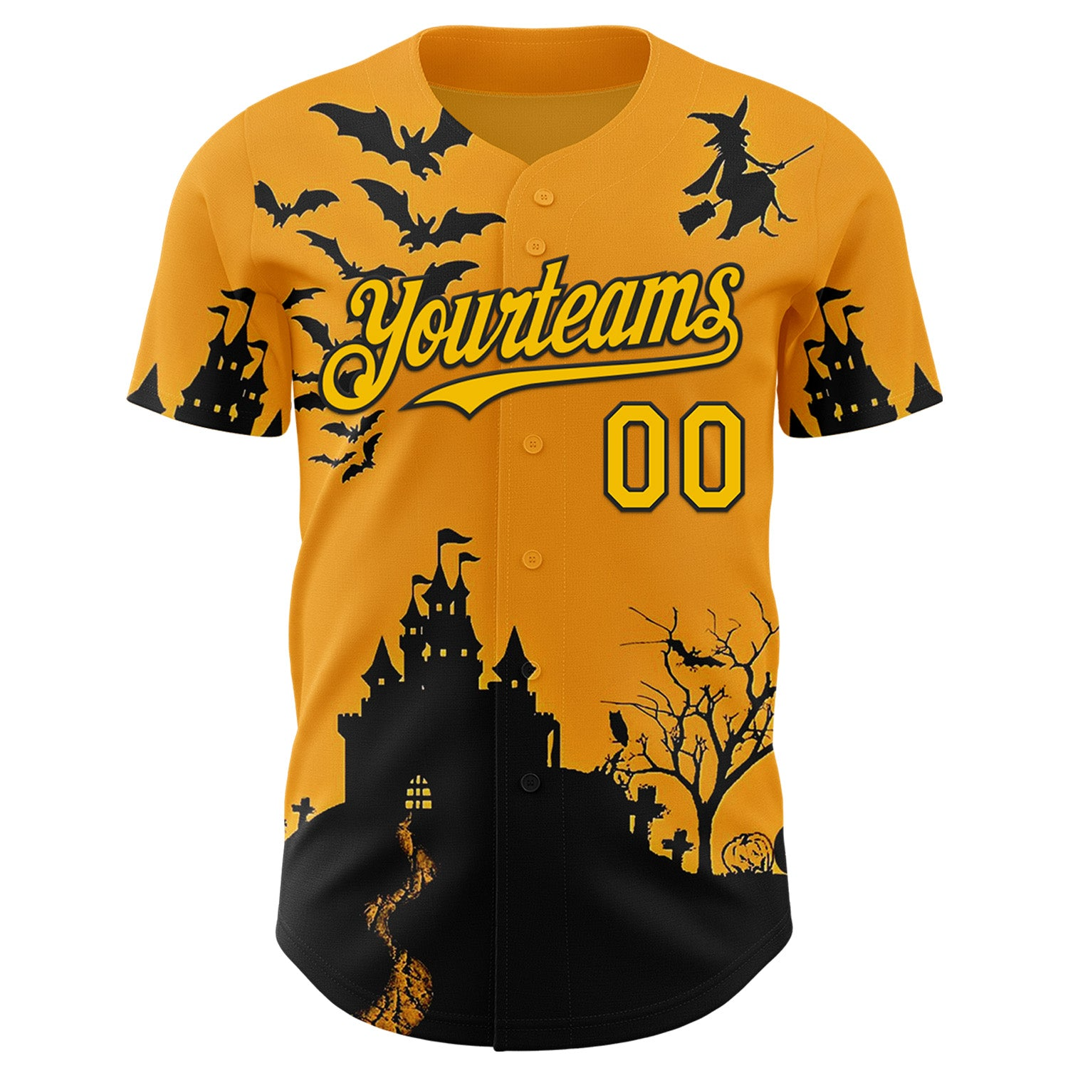 Custom Yellow Black 3D Halloween Spooky Pumpkin Bat Authentic Baseball Jersey - JS60