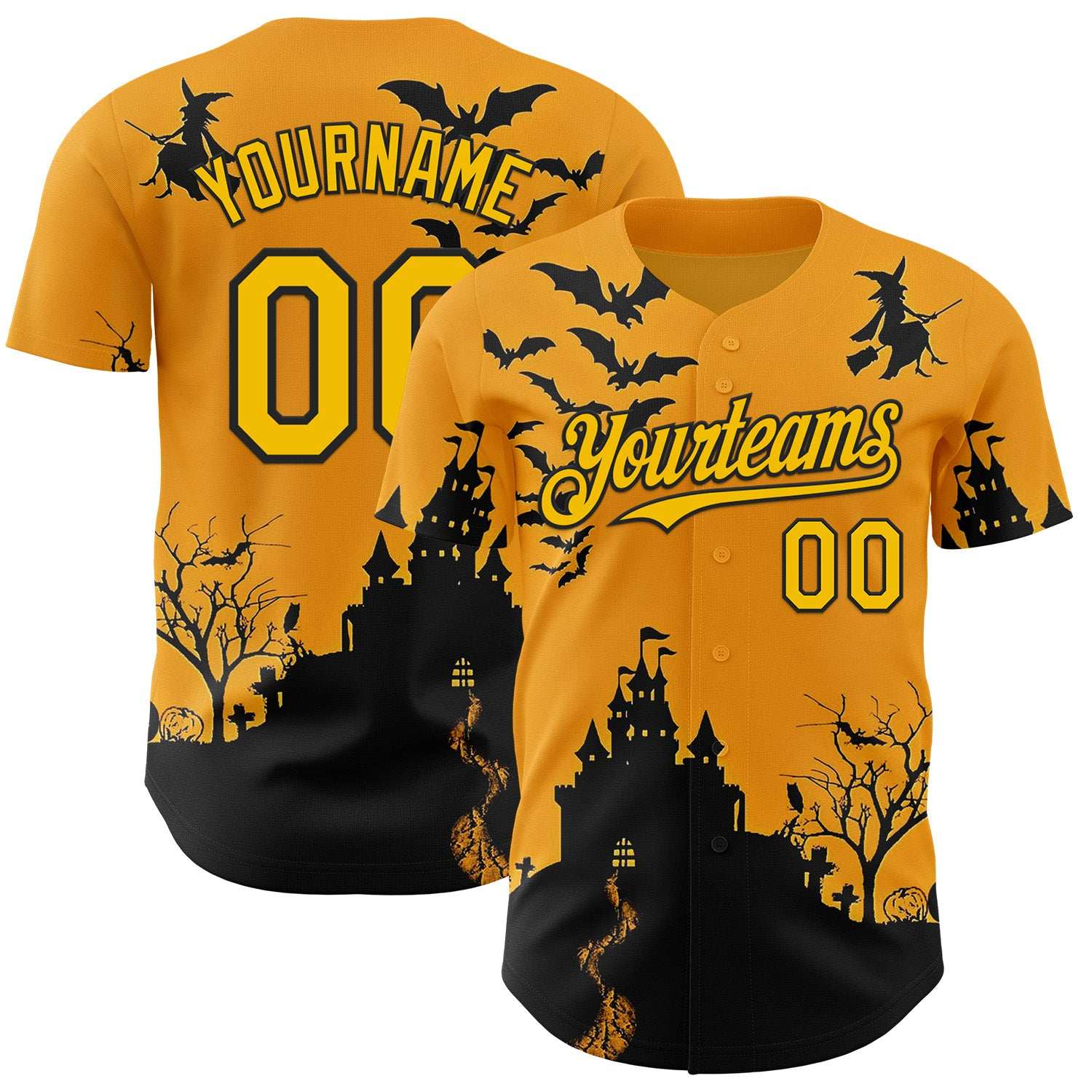 Custom Yellow Black 3D Halloween Spooky Pumpkin Bat Authentic Baseball Jersey - JS60