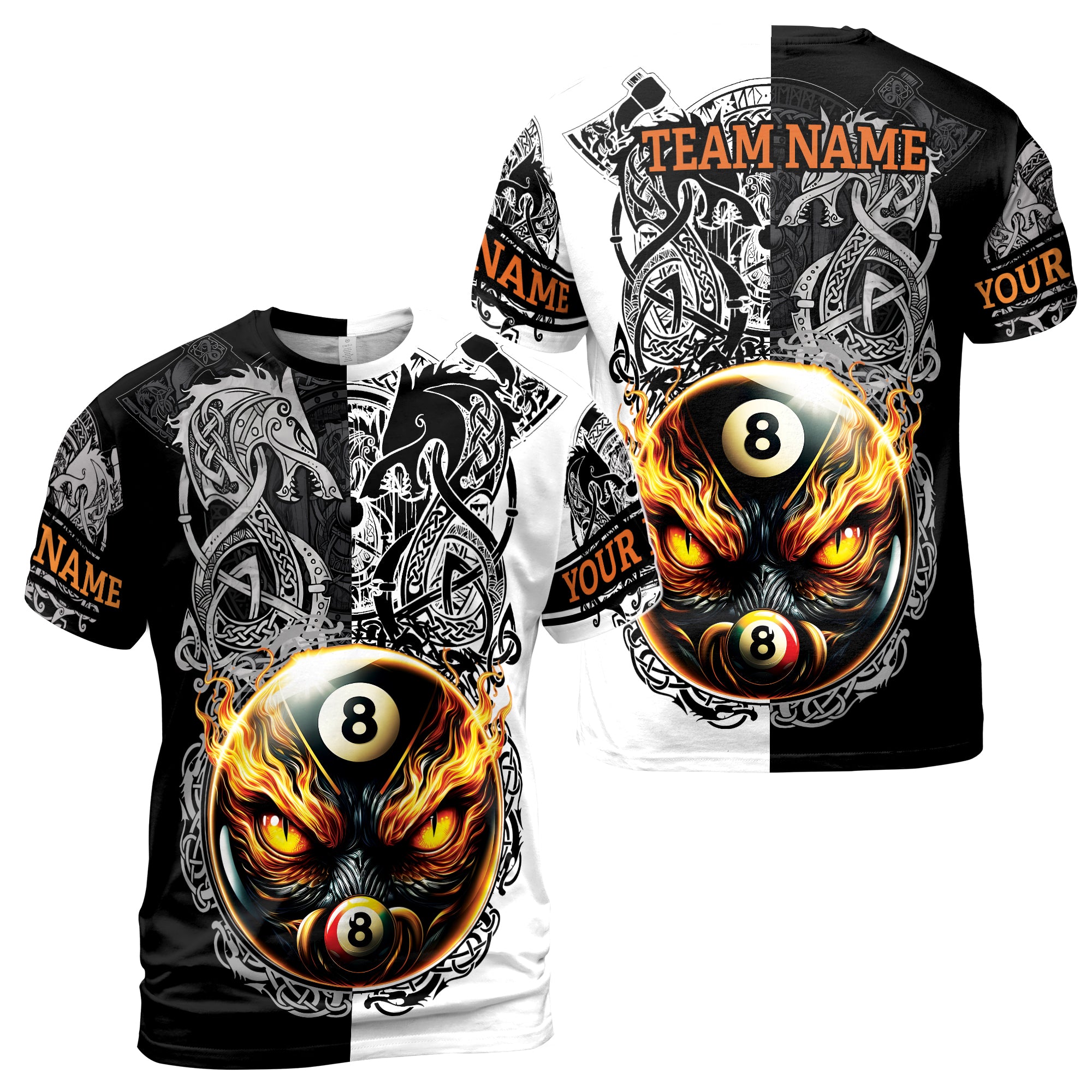 Customized Name Flaming 8-Ball Billiards on Fire T-shirt 3D