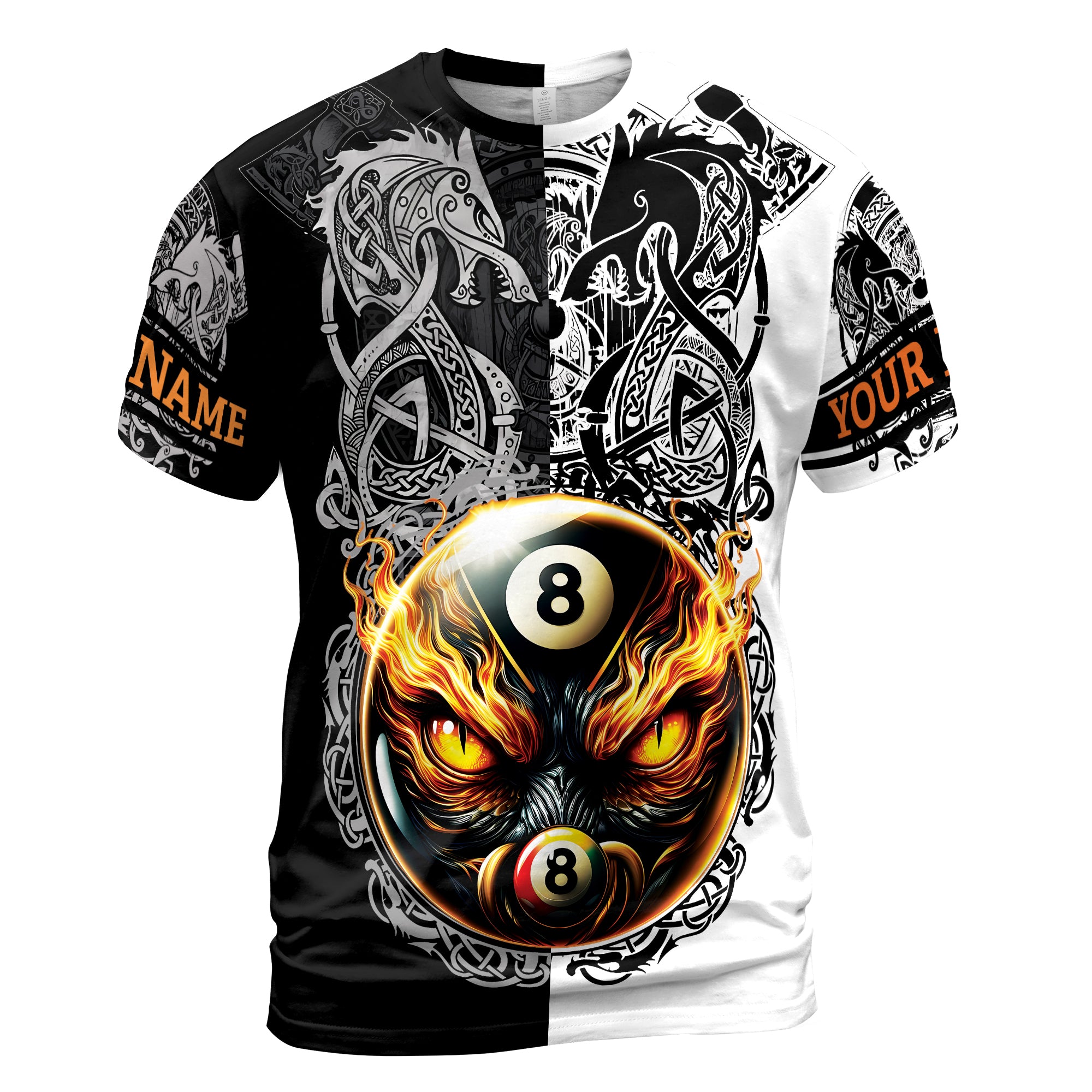 Customized Name Flaming 8-Ball Billiards on Fire T-shirt 3D