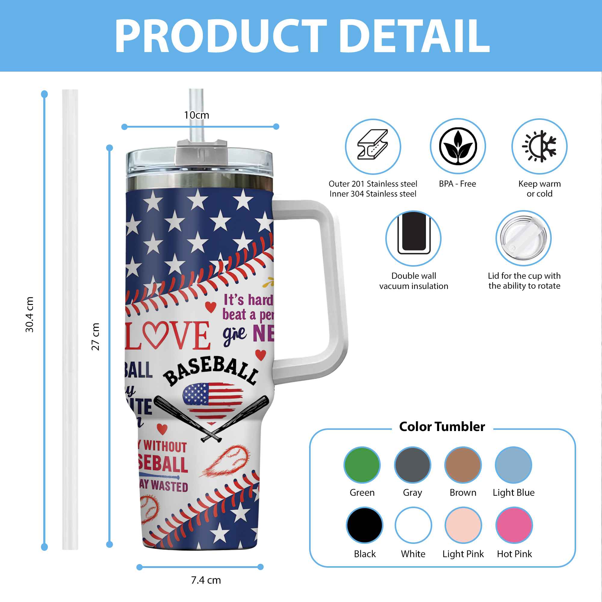 Baseball Stainless Steel Insulated Travel Tumbler Gift for Mom Dad Coach Fan Sport Lovers Tumbler 40oz 5