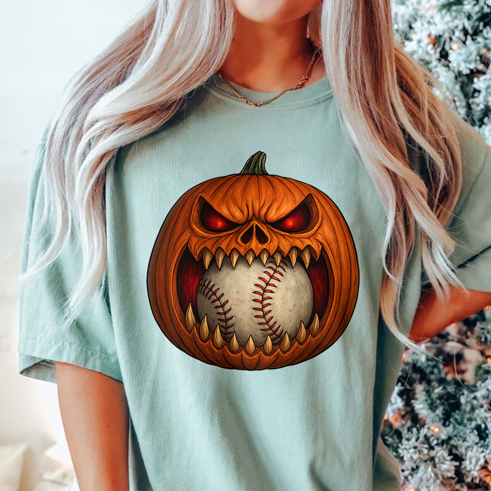 Scary Pumpkin Baseball Face Shirt, Baseball Halloween Costume Tee, Spooky Pumpkin Baseball Outfit, Funny Halloween Party Gift T-Shirt 4