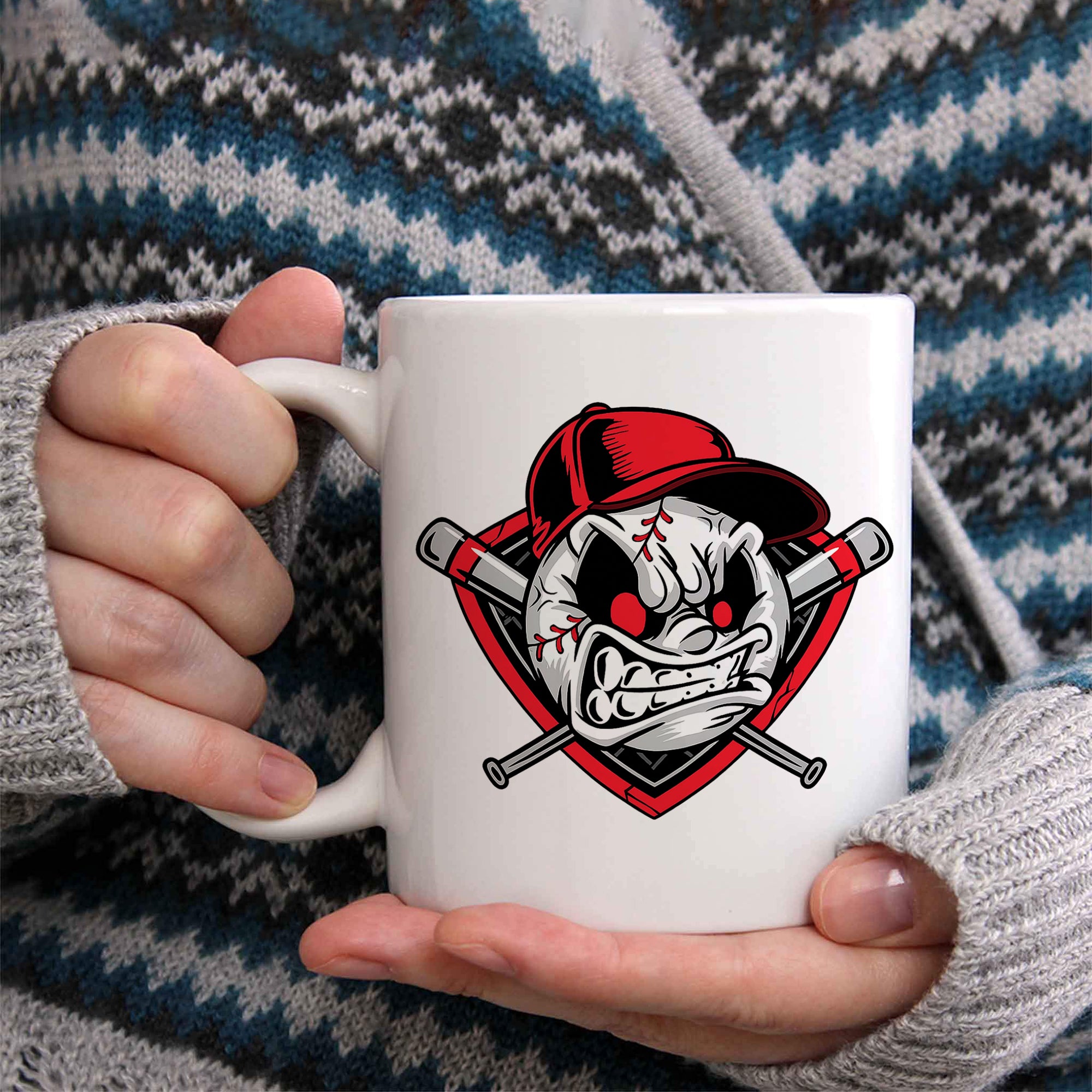 Scary Angry Baseball Face with Red Cap – Fierce Sports Ball Cartoon Logo Design Ceramic Coffee Mug 3