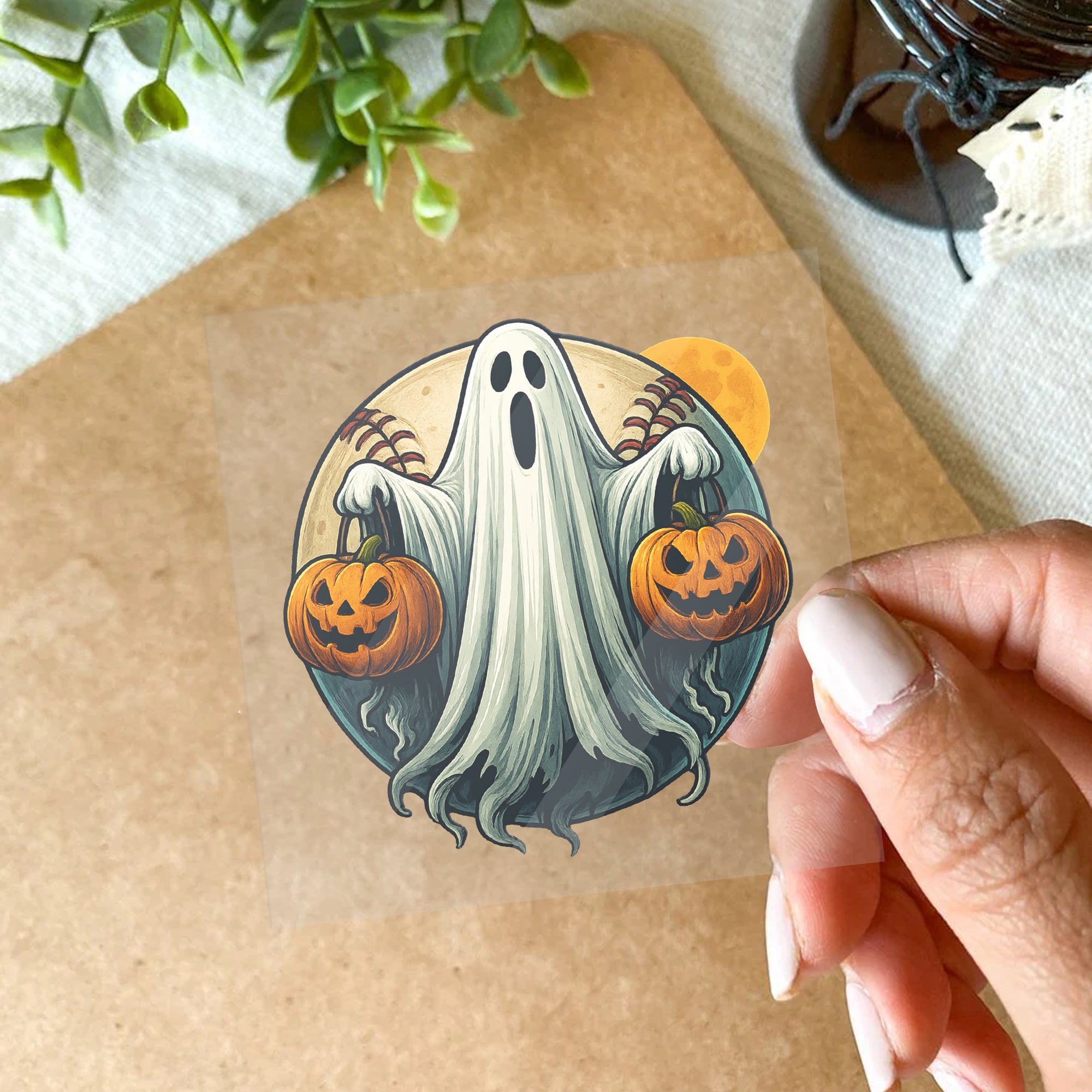 Spooky Halloween Ghost Holding Pumpkins – Creepy Baseball Full Moon Design, Haunted Night Horror Spirit Vinyl Sticker 5