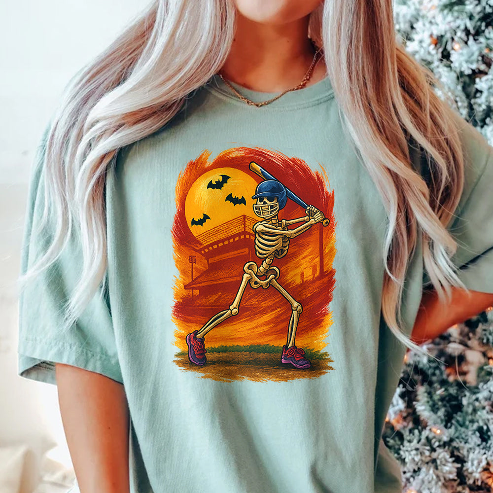 Halloween Skeleton Baseball Graphic Tee Spooky Sports Design T-Shirt 5