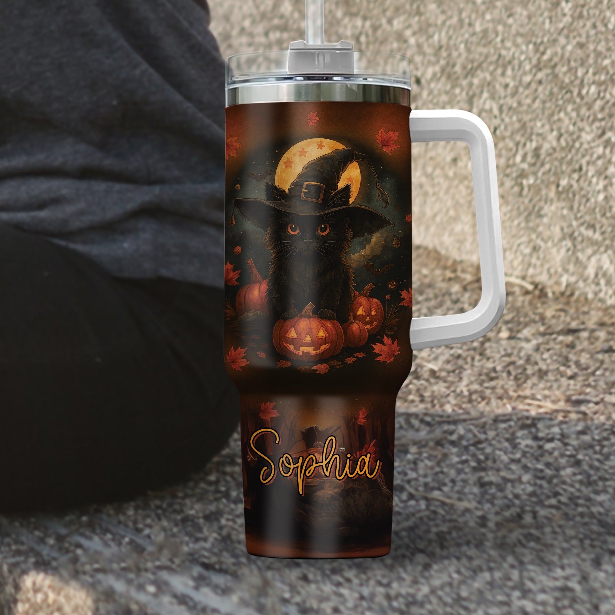Personalized Halloween Black Cat Gift – Custom 40oz Travel Coffee Cup with Lid & Straw – Spooky Season Cat Lover Gift for Women – Meoky Halloween Tumbler 3