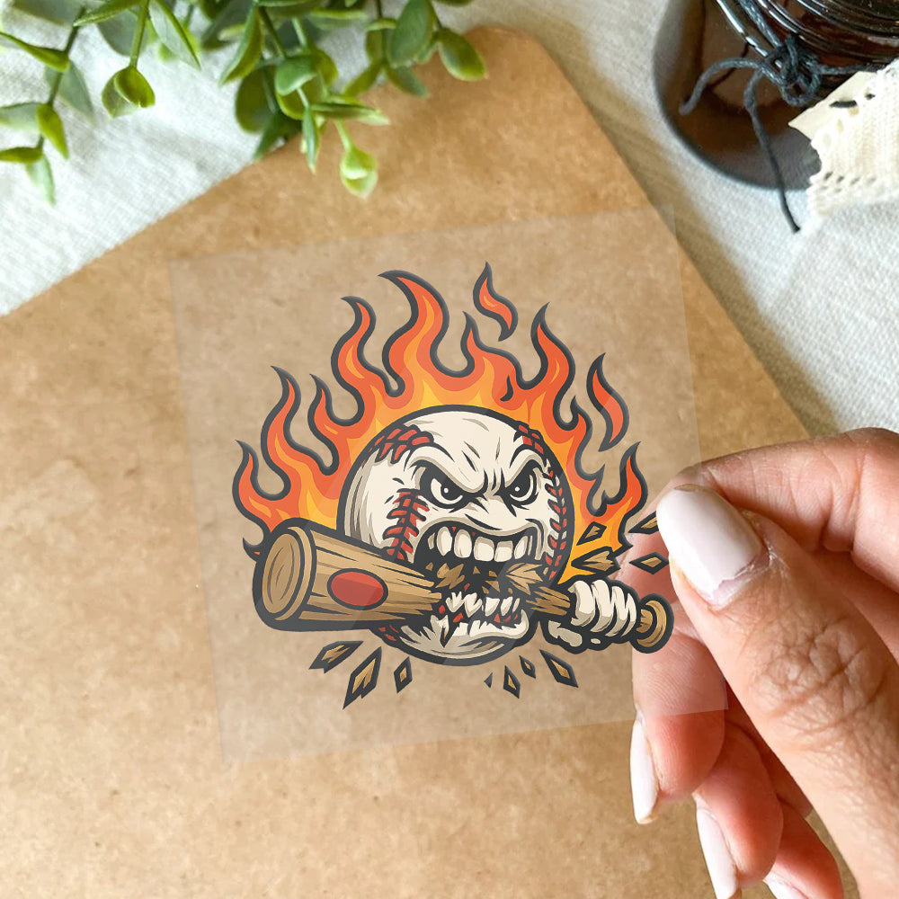 Flaming Angry Baseball Face Sticker – Aggressive Bat Bite Teeth Expression Decal Sticker 5