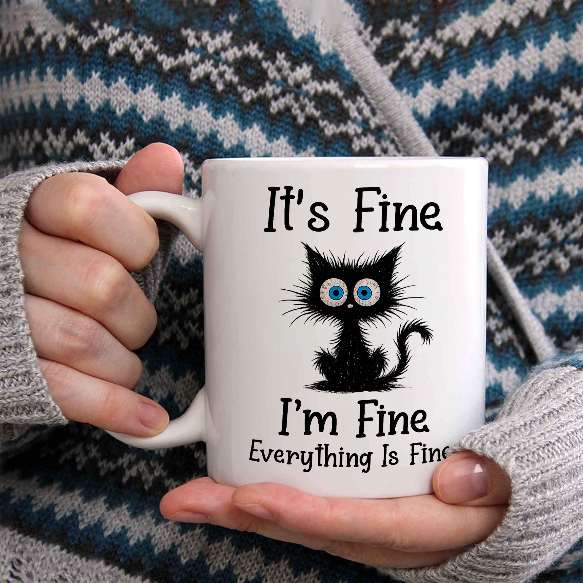 It’s Fine I’m Fine Everything Is Fine Black Cat Mug – Funny Sarcasm Mug, Cute Cat Lover Gift, Humor Coffee Mug