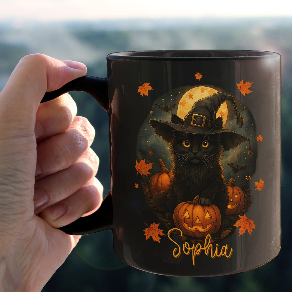 Personalized Black Cat Halloween Pumpkin Coffee Cup – Cute Spooky Fall Gift for Cat Lovers, Autumn Halloween Mug