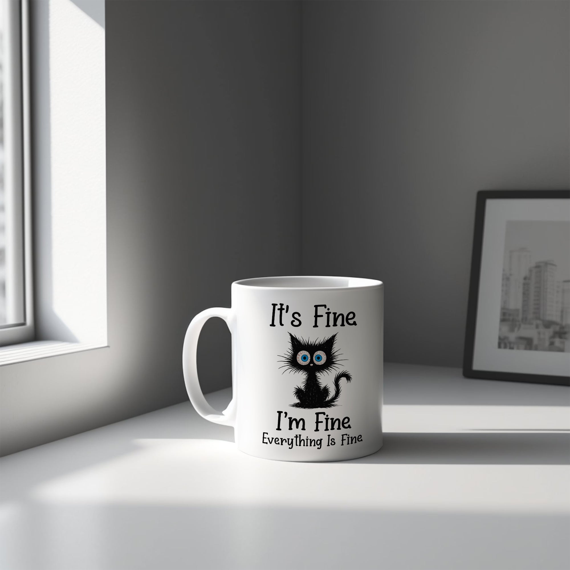 It’s Fine I’m Fine Everything Is Fine Black Cat Mug – Funny Sarcasm Mug, Cute Cat Lover Gift, Humor Coffee Mug 3