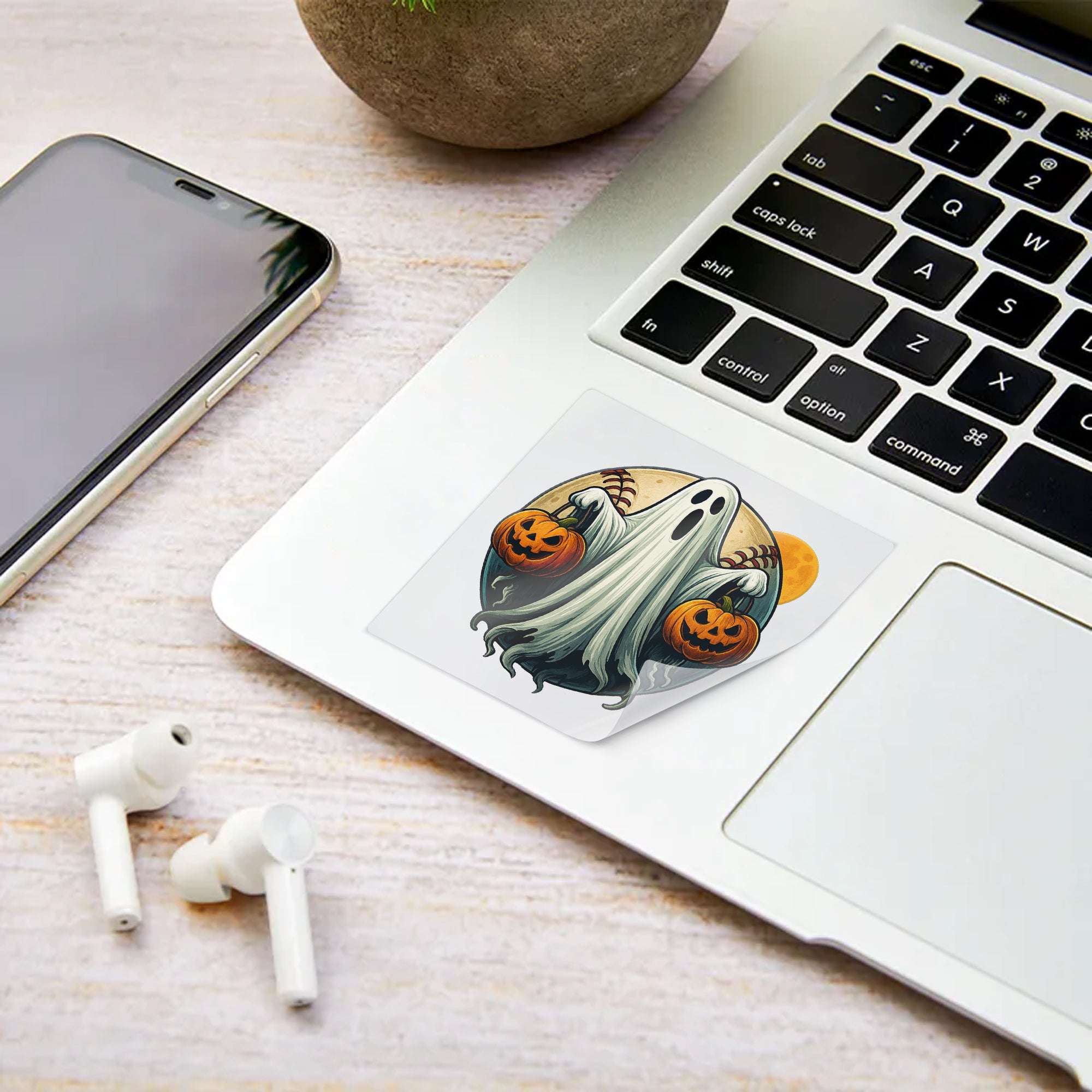 Spooky Halloween Ghost Holding Pumpkins – Creepy Baseball Full Moon Design, Haunted Night Horror Spirit Vinyl Sticker 4