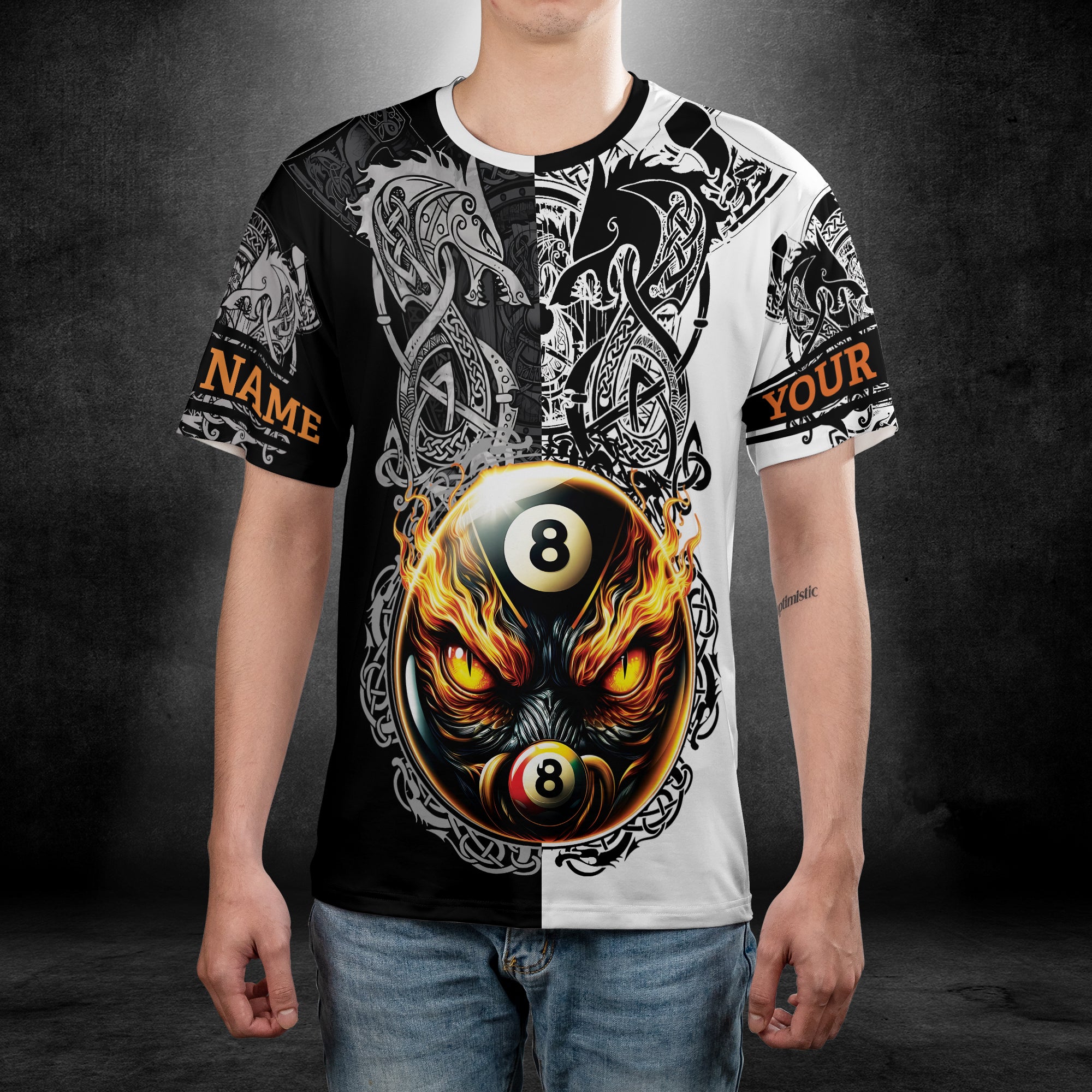 Customized Name Flaming 8-Ball Billiards on Fire T-shirt 3D 5
