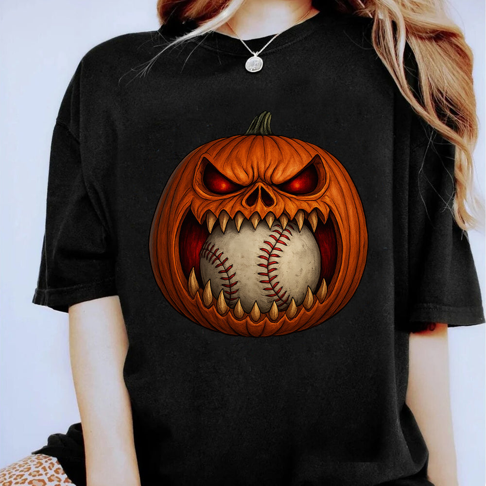 Scary Pumpkin Baseball Face Shirt, Baseball Halloween Costume Tee, Spooky Pumpkin Baseball Outfit, Funny Halloween Party Gift T-Shirt 3