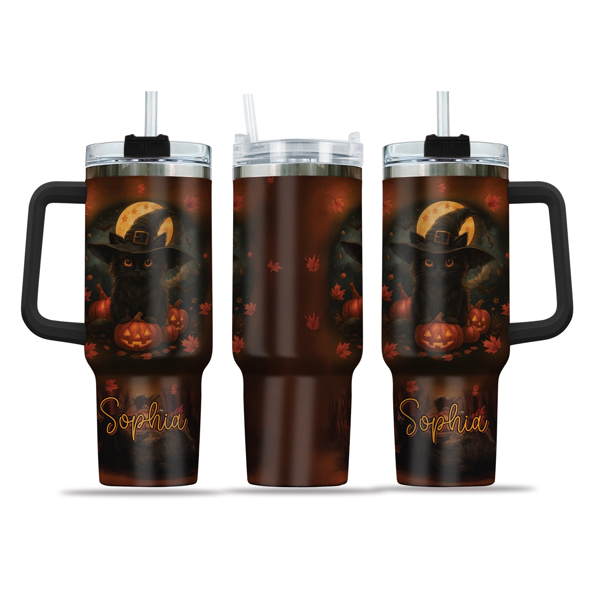 Personalized Halloween Black Cat Gift – Custom 40oz Travel Coffee Cup with Lid & Straw – Spooky Season Cat Lover Gift for Women – Meoky Halloween Tumbler