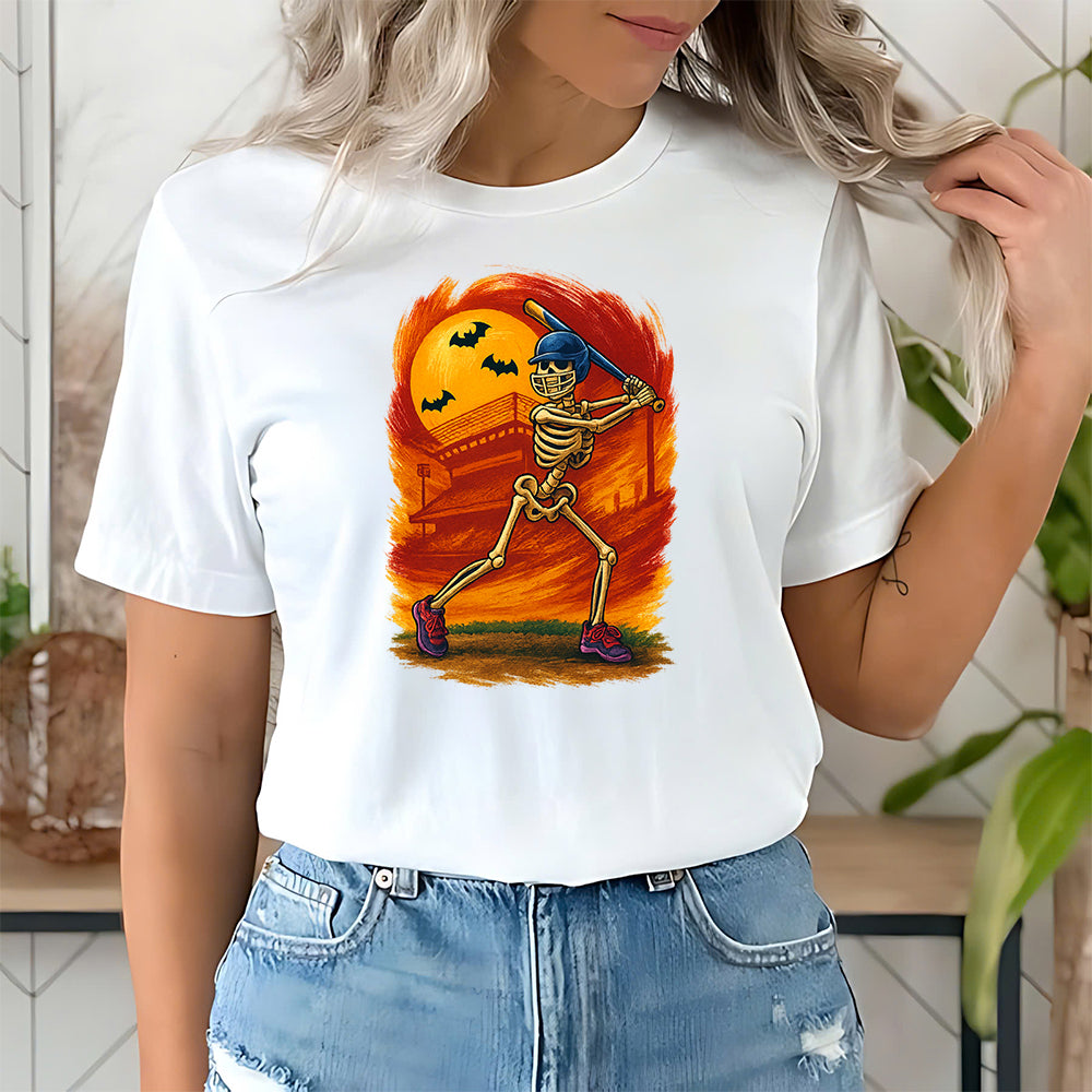 Halloween Skeleton Baseball Graphic Tee Spooky Sports Design T-Shirt 6