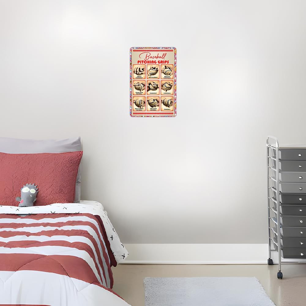 Boys Baseball Gifts Baseball Pitching Grips Wall Art Boys Room Decoration Gift for Baseball Enthusiasts Metal Sign