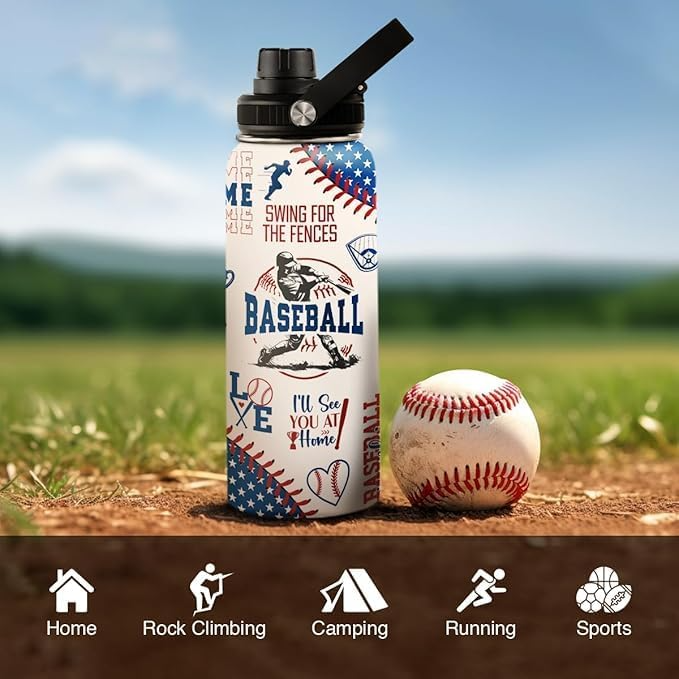 32oz Stainless Steel Insulated Sports Bottle with Lid – Gift for Baseball Lover, Player, Fan, Coach, Baseball Water Bottle