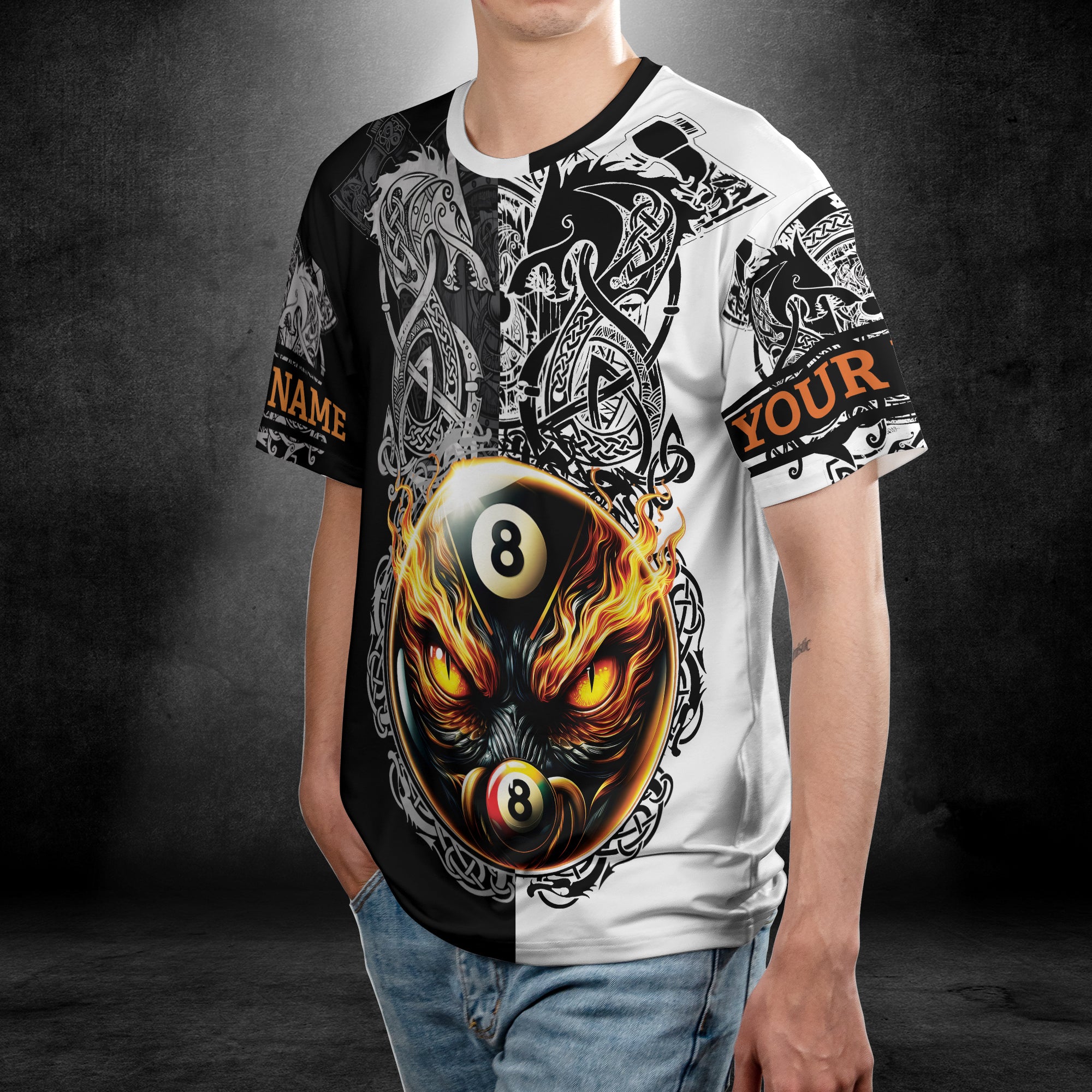 Customized Name Flaming 8-Ball Billiards on Fire T-shirt 3D 4