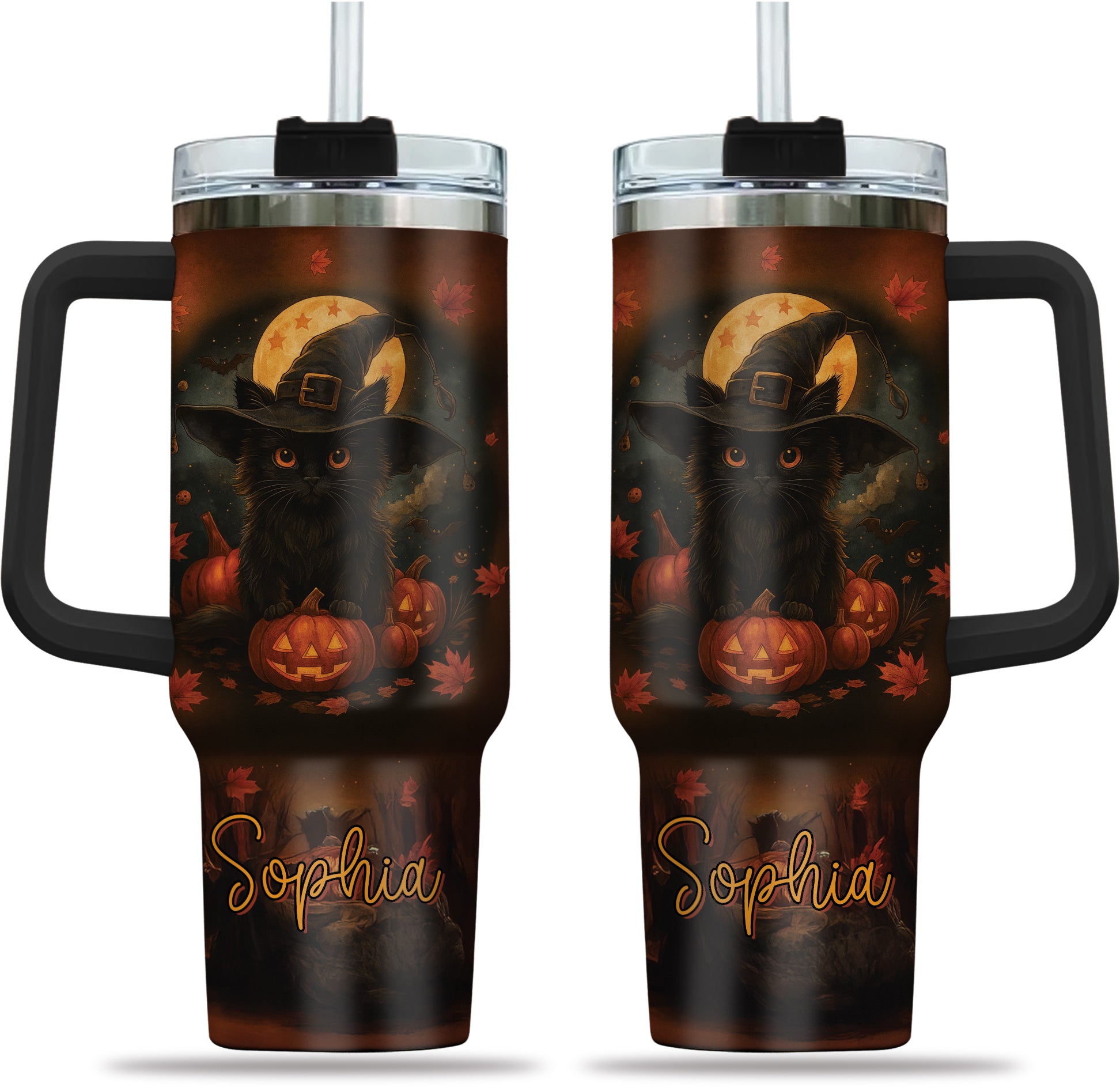 Personalized Halloween Black Cat Gift – Custom 40oz Travel Coffee Cup with Lid & Straw – Spooky Season Cat Lover Gift for Women – Meoky Halloween Tumbler 5